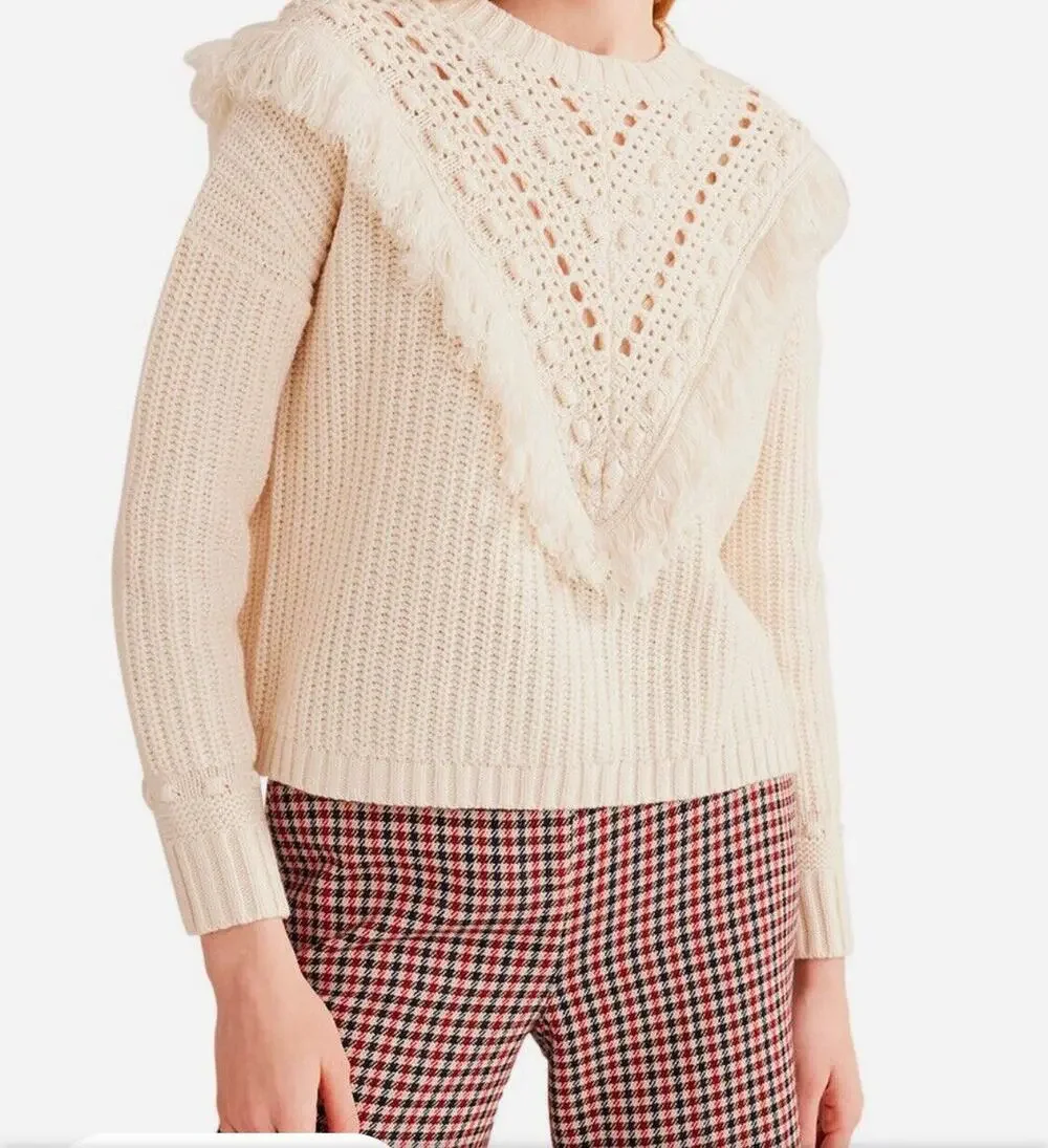 Boden Women's M Cream Wool Blend Chunky Knit Fringe Crochet Sweater NWT